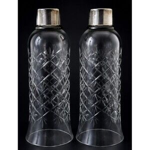 Pair Vintage Etched Crystal Hurricane Lamp Shades Silver Fitter Replacement
